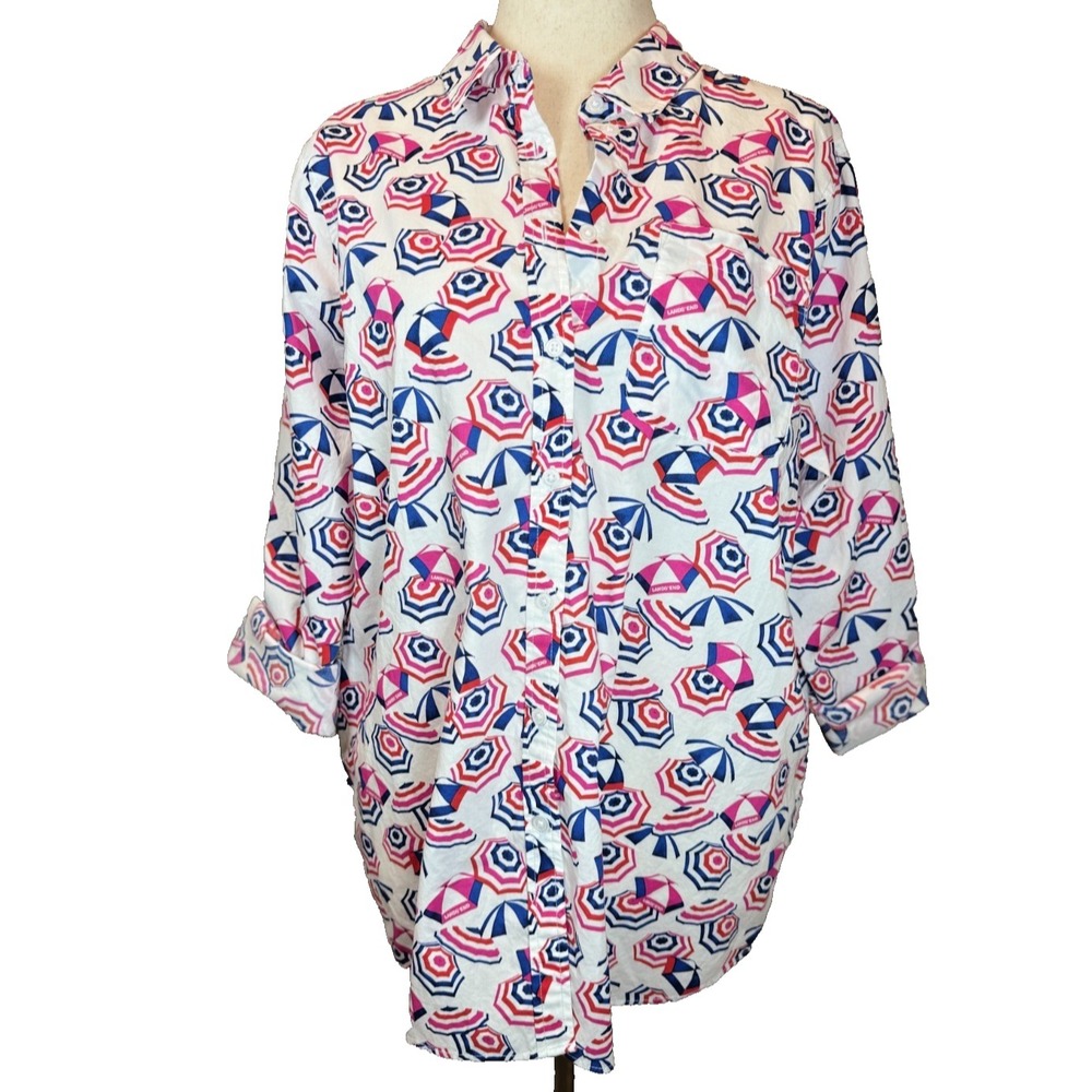 Lands End Womens XL Beach Umbrella Novelty Print Button Up Shirt Roll Tab Sleeve - Picture 2 of 8